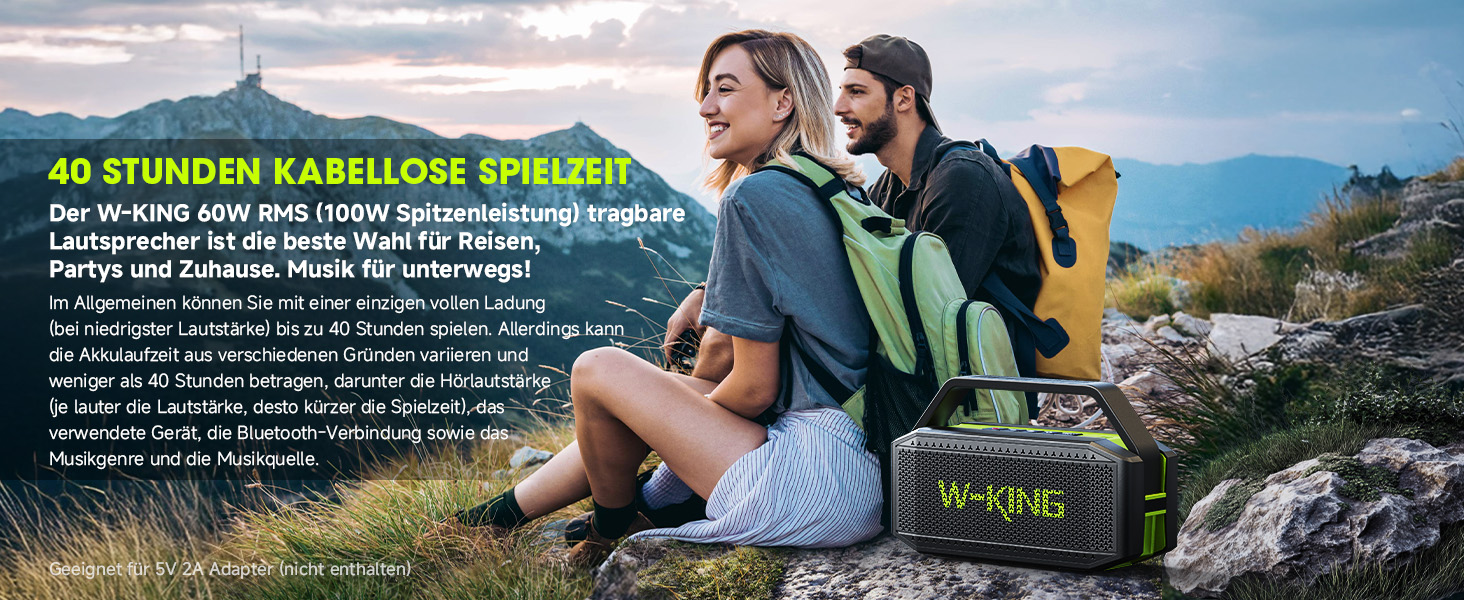W-KING Bluetooth колонка 100W (60W) IPX6, портативна, глибокий бас, до 40 годин, TF/AUX/EQ, зелена