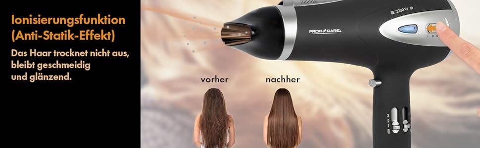 Фен ProfiCare® HTD 3113 чорний з іонізацією 2200W | Легкий туристичний фен з 3 режимами та 2 рівнями швидкості | Cool-Shot, насадка-дифузор та насадка для укладання