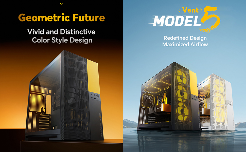 Корпус для ПК Geometric Future M5 Vent Mesh, Mid Tower, E-ATX/ATX, Чорний/Жовтий, Mesh Front Panel, Підтримка 420/360 радіатора