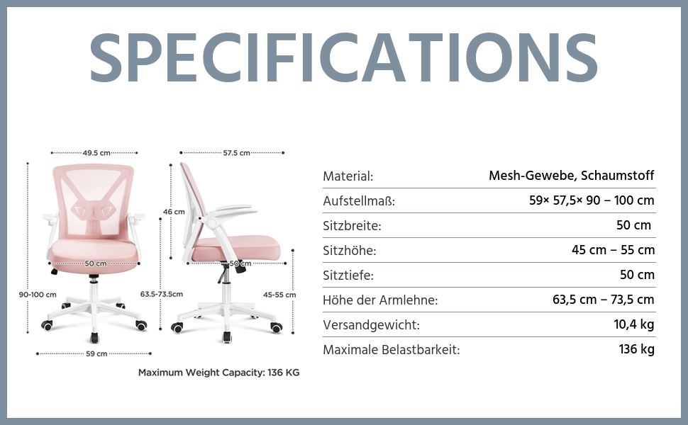 Офісне крісло Yaheetech з підйомними підлокітниками, сітчасте, ергономічне, з підтримкою попереку, функцією гойдання та регулюванням висоти (Рожеве)