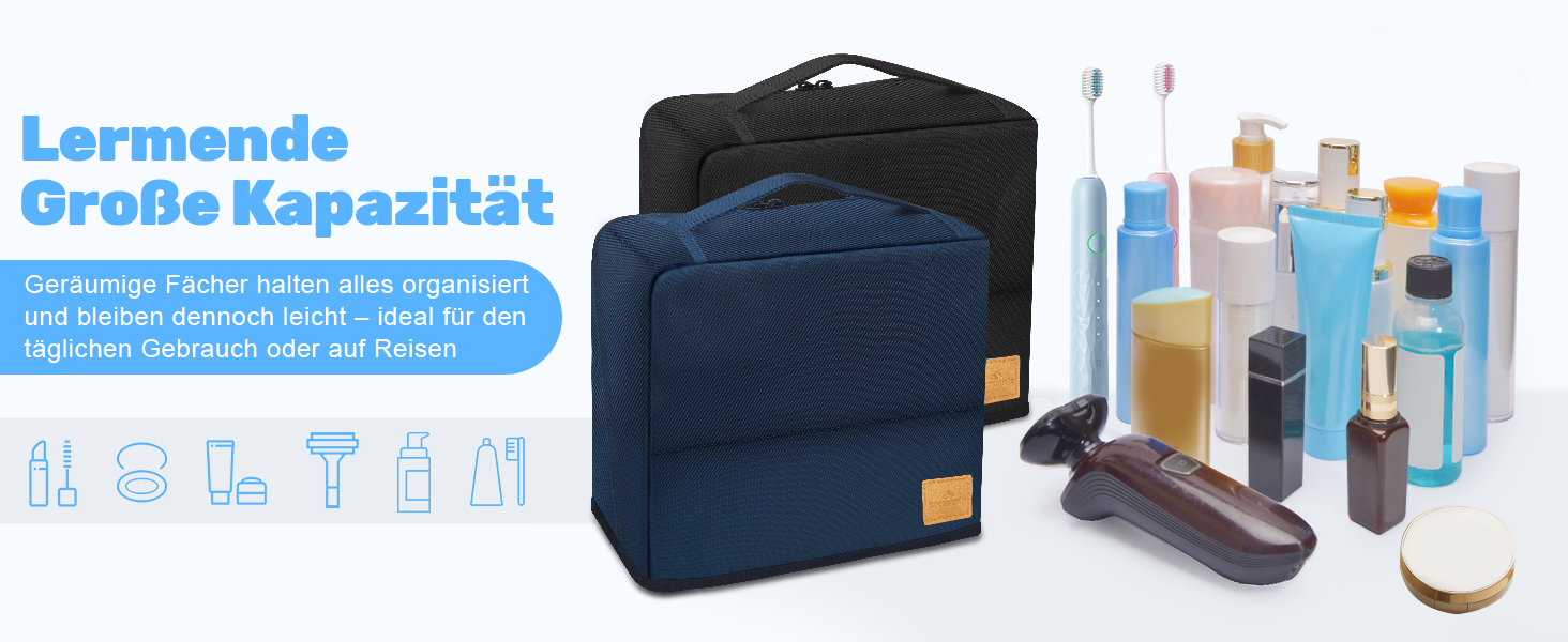 Чоловіча та жіноча дорожня косметичка Lermende з подвійною блискавкою, великий об'єм, зручна ручка для подорожей. (Синій)