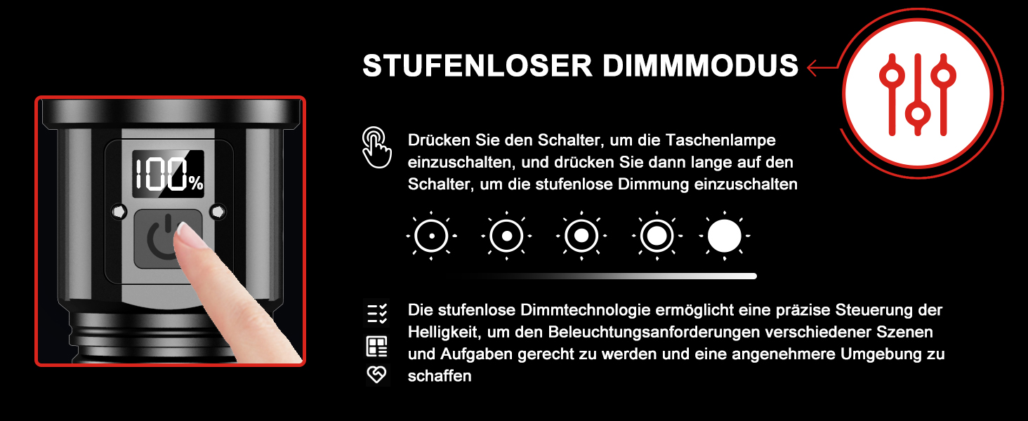 Ліхтар LED акумуляторний тактичний, 500000 люмен, 5 режимів, плавне регулювання яскравості, для кемпінгу та надзвичайних ситуацій, чорний