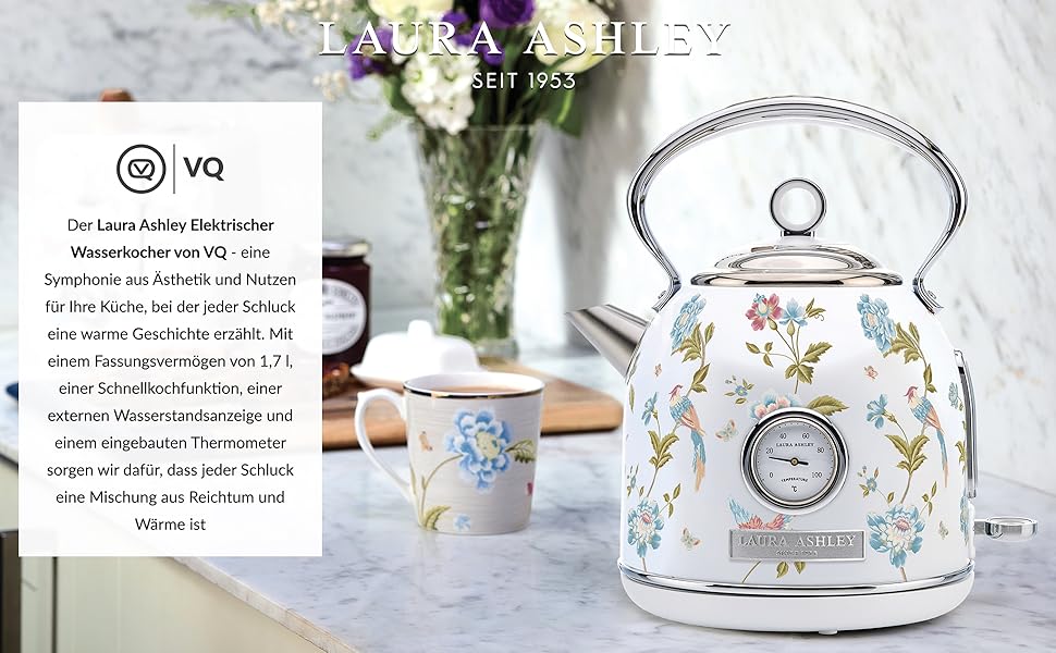 Laura Ashley Elveden Wireless Electric Kettle - 1.7L Stainless Steel, 2.2kW Fast Boil, Temperature Display & Overheat Protection