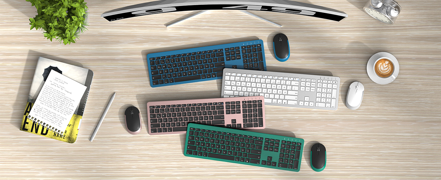 Бездротовий комплект клавіатури та миші Seenda SK38-3 Ultra-Dünne, Ergonomічна клавіатура з захистом від пилу, DE QWERTZ, чорний/зелений