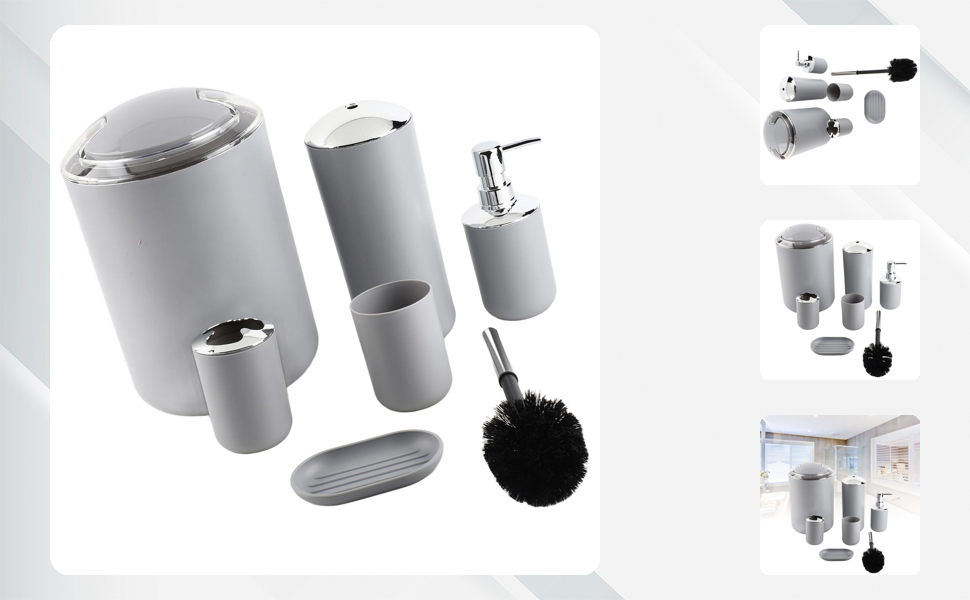 Комплект аксесуарів для ванної кімнати на 6 предметів: дозатор для мила, мильниця, тримач для зубних щіток, стакан для ополіскування, тримач для унітазу, сміттєвий бак (сірий)