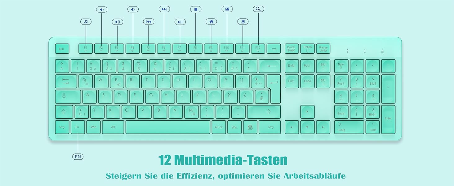 Бездротовий комплект клавіатури та миші Leadsail K786 з цифровою клавіатурою QWERTZ (німецька версія) - тиха клавіатура, 2.4 GHz, USB Nano приймач для ПК/ноутбука (зелений)