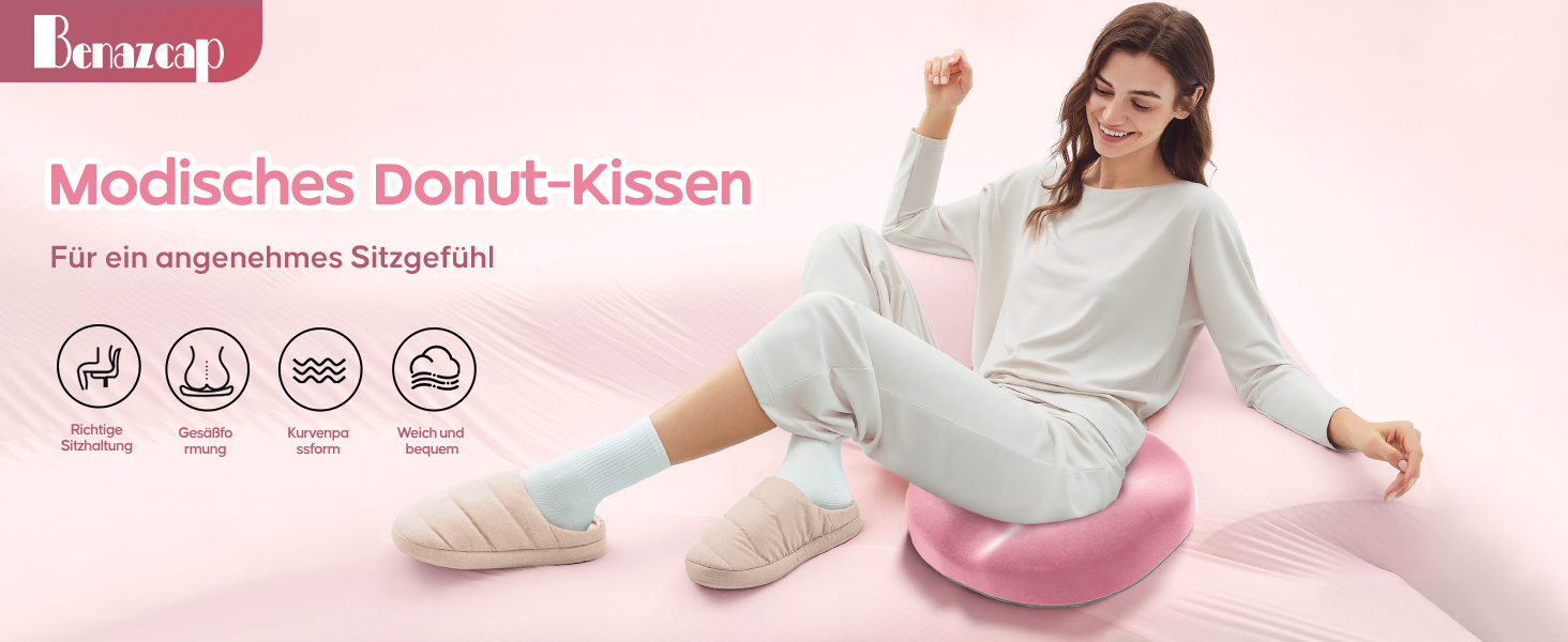 Ортопедична подушка для сидіння Benazcap Donut - для офісних крісел, авто та інвалідних візків. З піною з пам'яті для геморою, ішіасу, вагітності та після пологів (Рожева)
