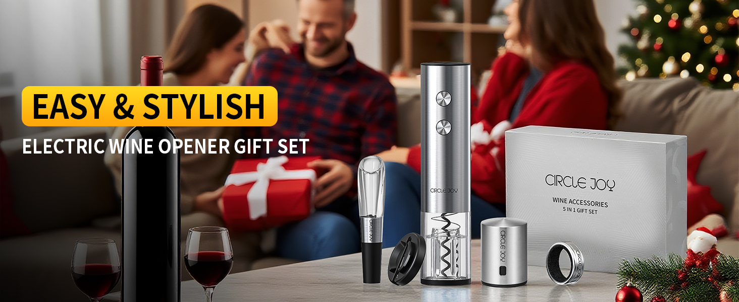 Електричний відкривачка вин CIRCLE JOY 6-в-1 з зарядною станцією, комплект з нержавіючої сталі, з обрізачем фольги, аератором та 2 вакуумними закривачами