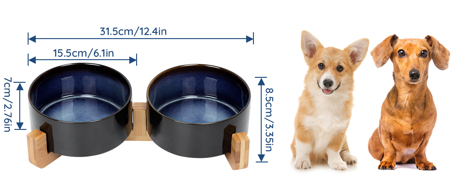 Миска для собак та котів SPUNKYJUNKY з кераміки, велика, 850 мл, піднята на бамбуковому стійці, колір «Зоряне небо»