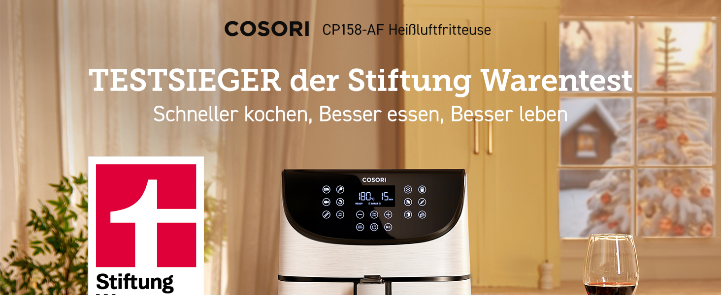 Фритюрниця без олії COSORI CP158-AF, Біла, 11 функцій, Економія енергії 55%, 100 рецептів, Shake Reminder, Лауреат Stiftung Warentest 2024