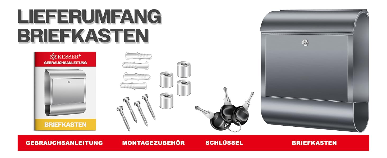Поштовий ящик настінний KESSER XXL нержавіюча сталь, з газетницею, замок (3 ключі), антрацит
