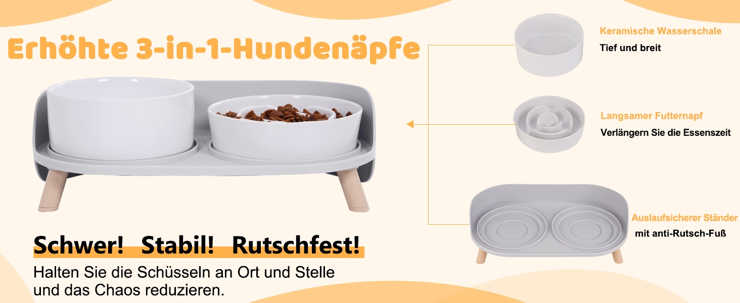 Набір мисок для собак з кераміки, піднятий на платформі: миска для повільного годування, набір з двох мисок для маленьких та середніх собак, годівниця та поїлка з антиковзним підставкою, колір - білий