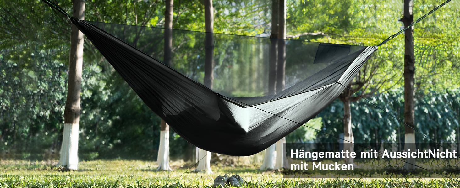 Гамак для кемпінгу з москітною сіткою та відтяжкою, великий на 2 особи, 290 x 140 см, легкий, для відпочинку на природі, походів, подорожей та рюкзаків, армійний зелений (чорний)