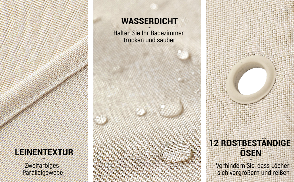 Тканинна шторка для душу BTTN, бежева, 180x200 см, текстура льону, антигрибкова, пральна, з 12 гачками, водонепроникна, з декоративним обтяженням, для ванни, кремового кольору, 1 шт.