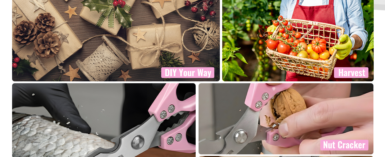 Набір кухонних ножиць 5-в-1 з пінцетом, кухонні ножиці з титановим покриттям, нержавіюча сталь, придатні для миття в посудомийній машині, універсальні ножиці для кухні, птиці, риби, м'яса (рожеві)