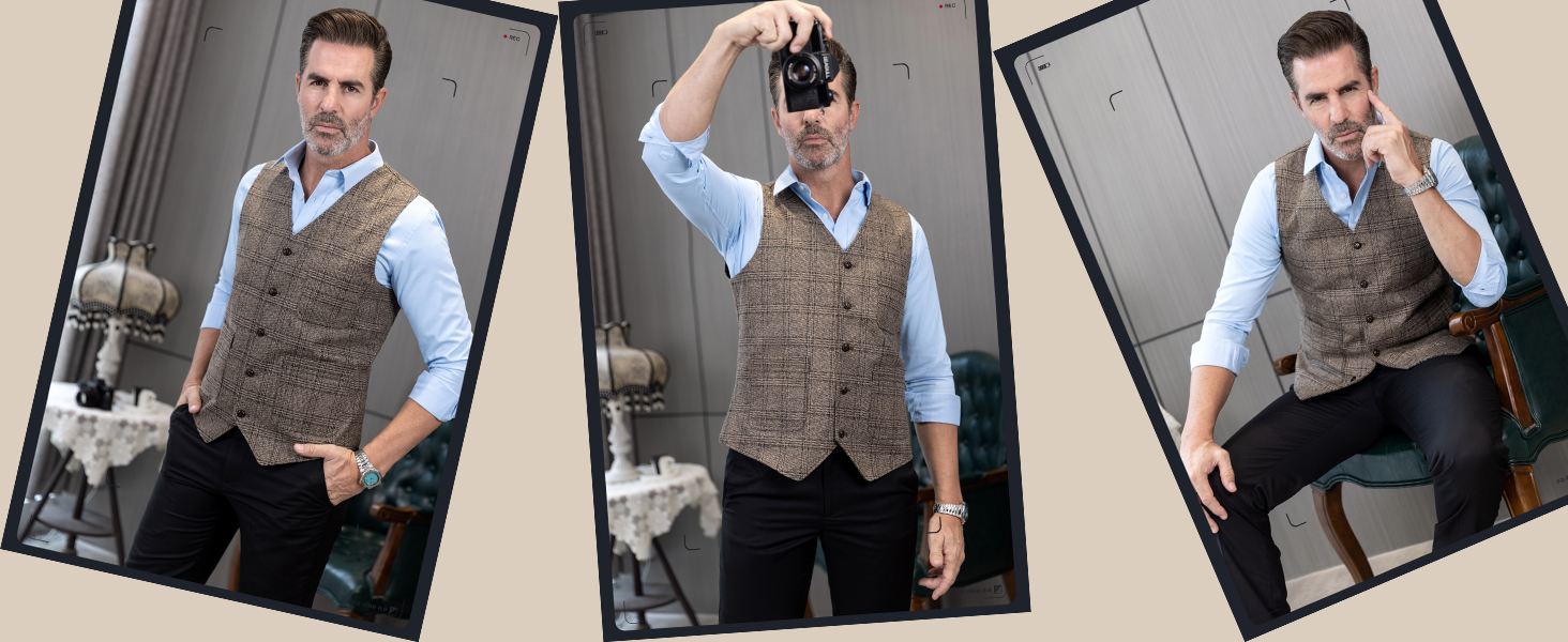 Оливковий костюм для чоловіків Olove-Uit: елегантний, в клітинку, з вовни та твіду, slim fit, для весілля (колір: коричневий, розмір: M)