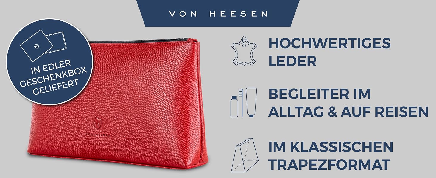 Шкіряна косметичка VON HEESEN для жінок та чоловіків, дорожня сумка для аксесуарів та засобів гігієни з натуральної шкіри Saffiano, червона