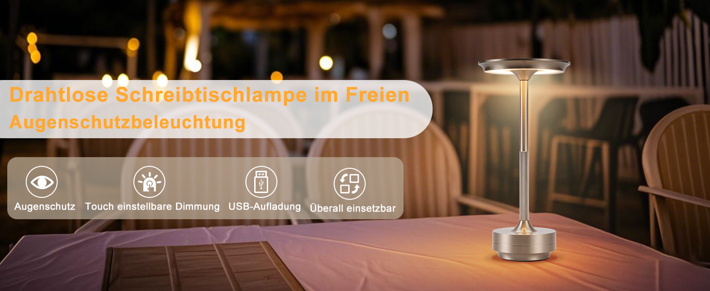 Настільна лампа бездротова LED з сенсорним керуванням, диммуванням та USB зарядкою, нікель, 2 шт. для вітальні, спальні, дитячої кімнати