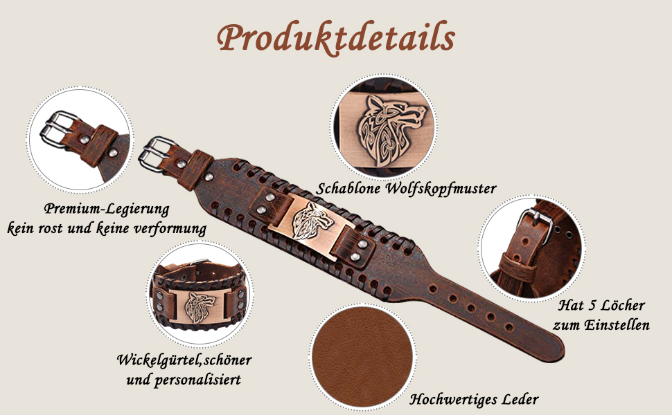 Браунний вовк Фенрір: шкіряний браслет у стилі кельтського косплею, регульований (18-22.5 см)