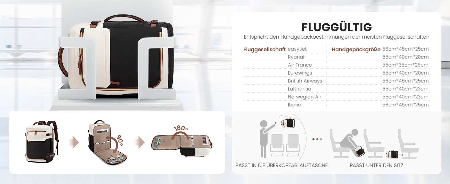 Рюкзак LOVEVOOK для ручної поклажі літака, жіночий, 50L, для подорожей, бізнесу, школи, чорний+бежевий+коричневий