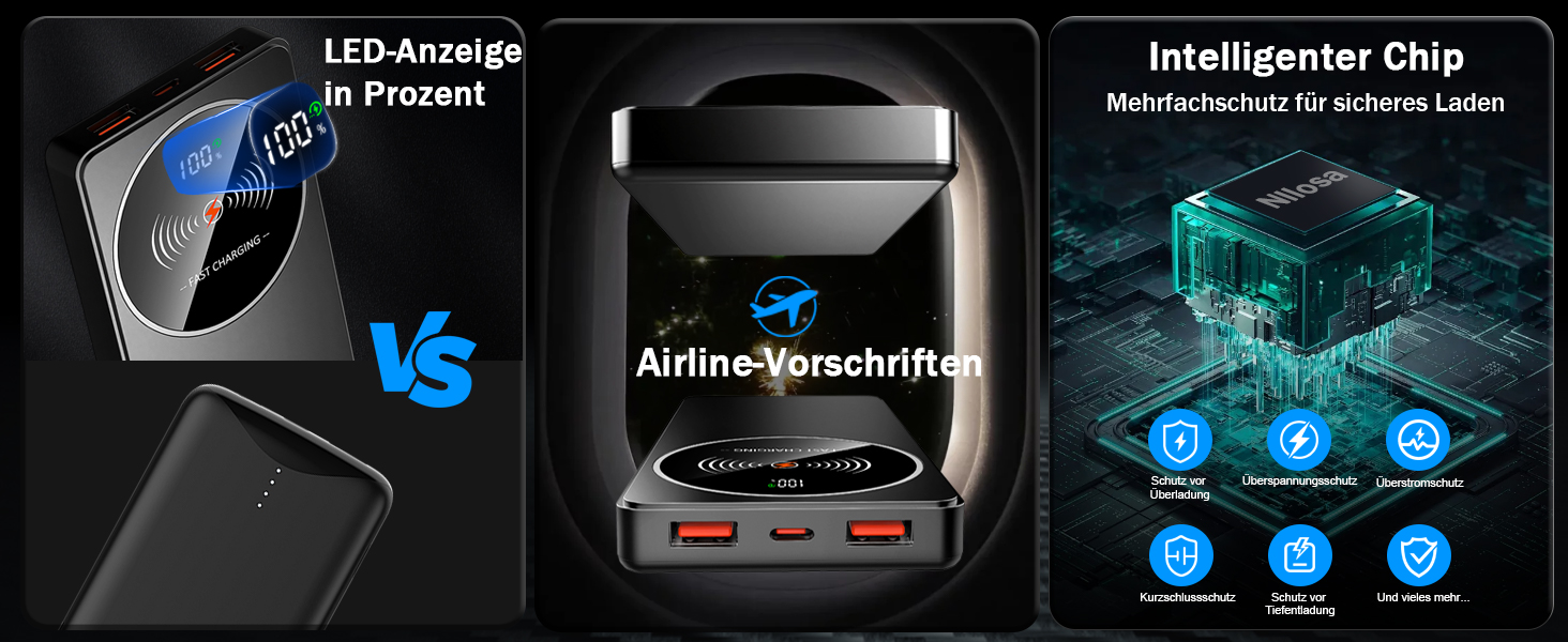 Портативний зарядний пристрій Power Bank Klein 10000mAh з USB-C, 3 порти, сумісний з iPhone 17/16/15/14/13 Pro Max Plus Mini, Android, чорний