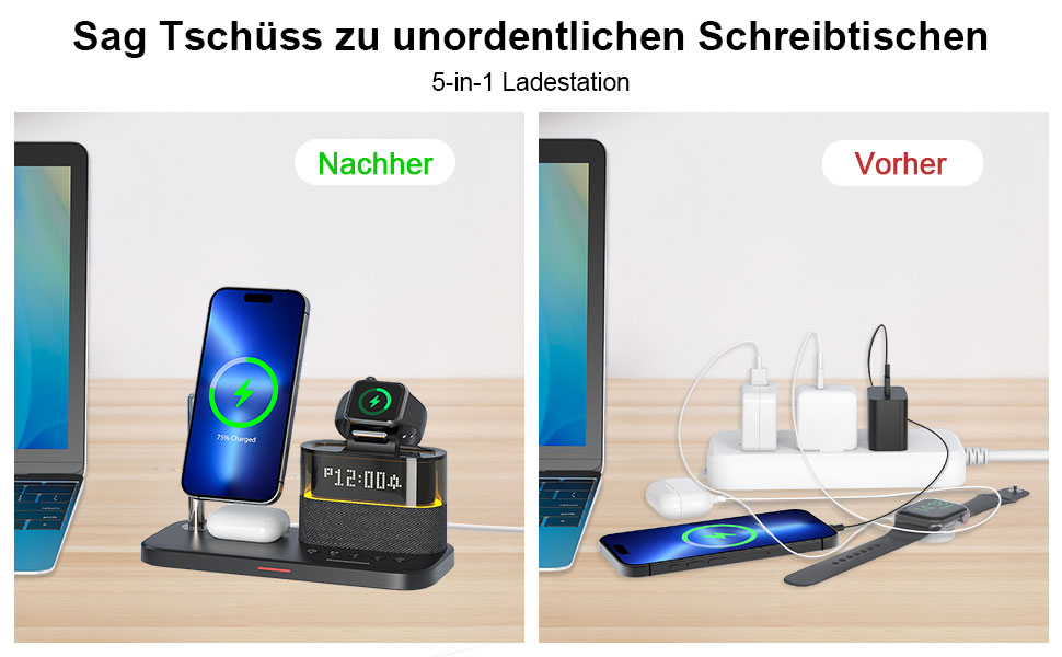 5-в-1 Бездротова зарядна станція з годинником та нічником для iPhone 17/16/15/14/13/12 Pro Max, Apple Watch, AirPods - 33W адаптер, білий