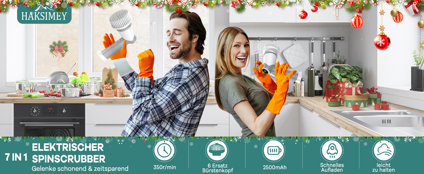 Електрична щітка для прибирання 7 в 1 з регульованою ручкою, змінними насадками, 2 швидкості, для ванни, плитки, IPX7, білий/сірий колір