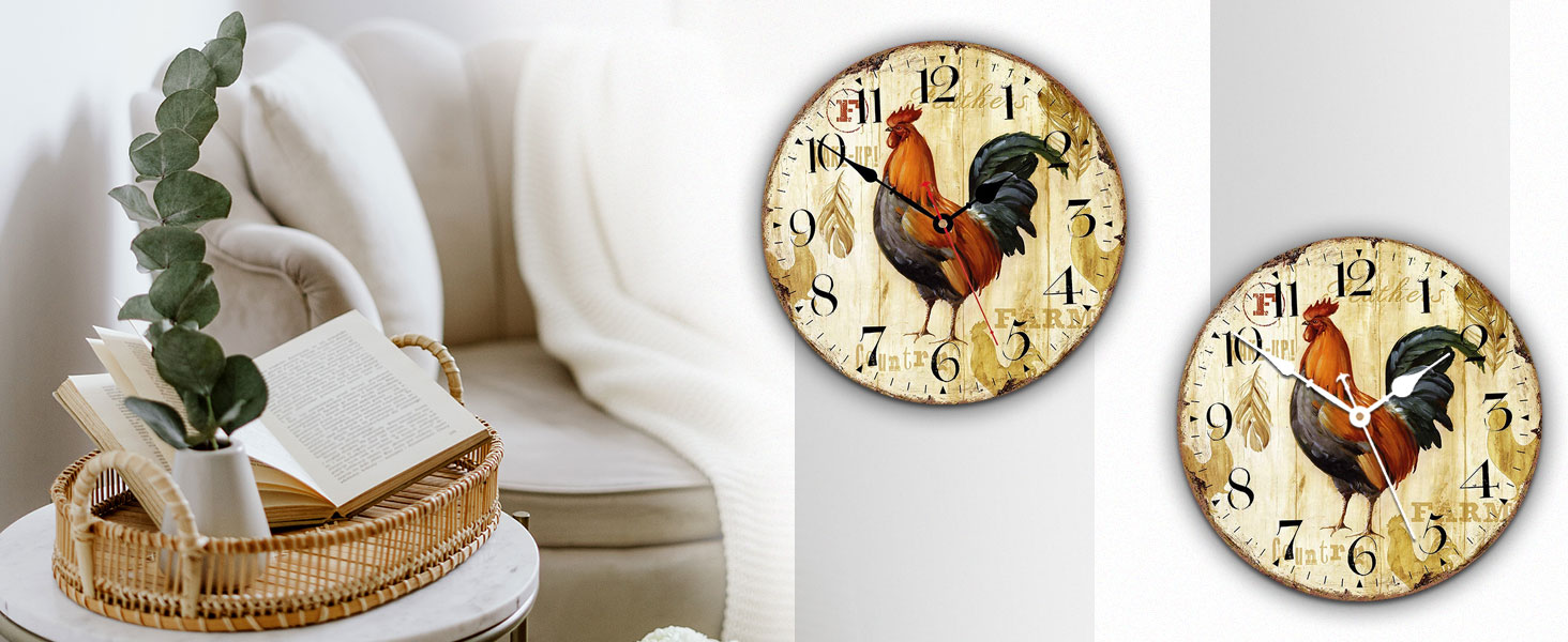 Стіна годинник VIKMARI Rustic Rooster 14 дюймів — безшумний кварцовий, на батарейці, для кухні, круглий, преміум-якість