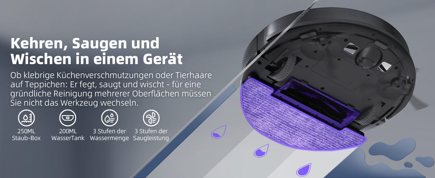 Робот-пилосос MONSGA 3-в-1 з функцією миття, 3000PA, безщітковий двигун, 140 хвилин роботи, чорний. Ідеально для шерсті тварин, килимів та твердих підлог.