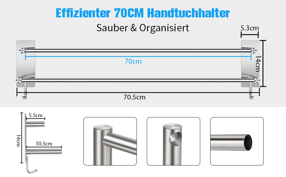 Тримач для рушників без свердління, 60 см, самоклеючий, з гачками, нержавіюча сталь, вологостійкий, для ванної кімнати та кухні (сріблястий)