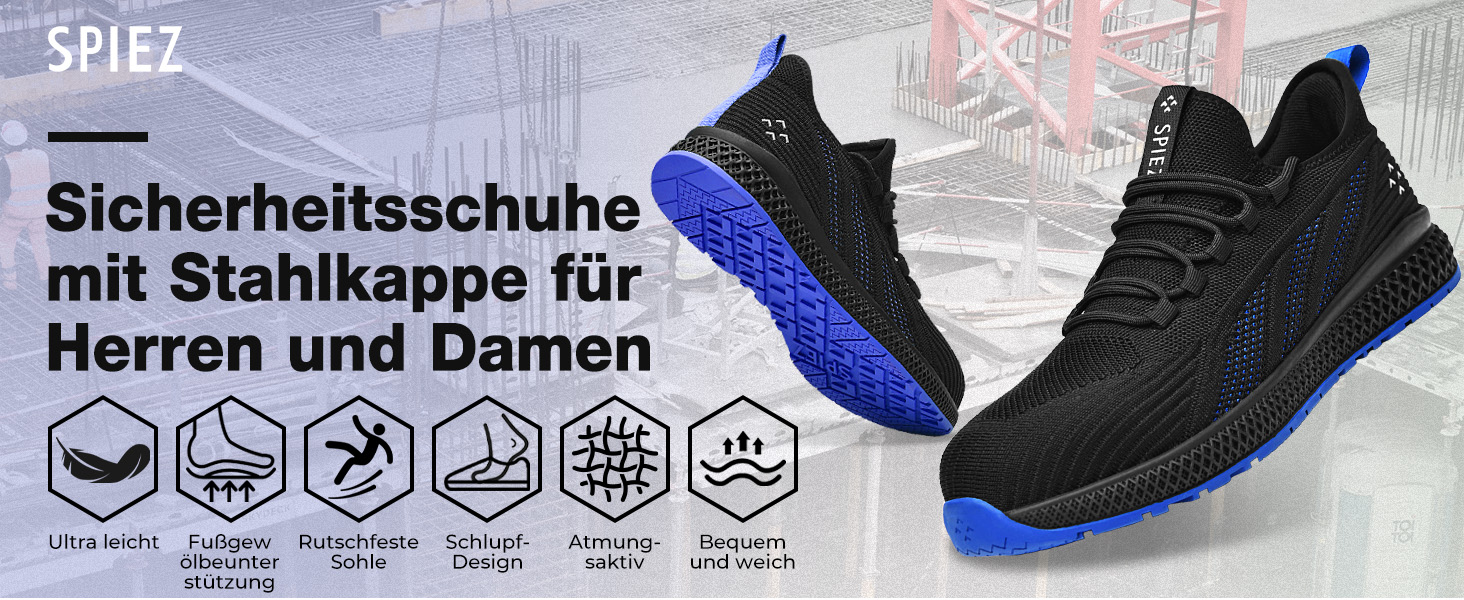 Робочі черевики SPIEZ для чоловіків та жінок, легкі, slip-on, з дихаючою сіткою, захист пальців Composite, неслизькі для складу, промисловості та повсякденного використання, чорно-сині, розміри EU35-46 (41 EU)