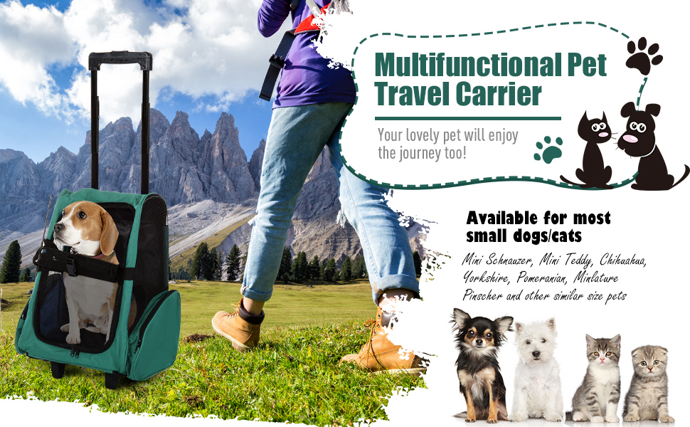 PawHut Рюкзак-переноска для собак та котів 2-в-1 з кишенями, телескопічною ручкою та колесами, 42 x 25 x 55 см, Зелений