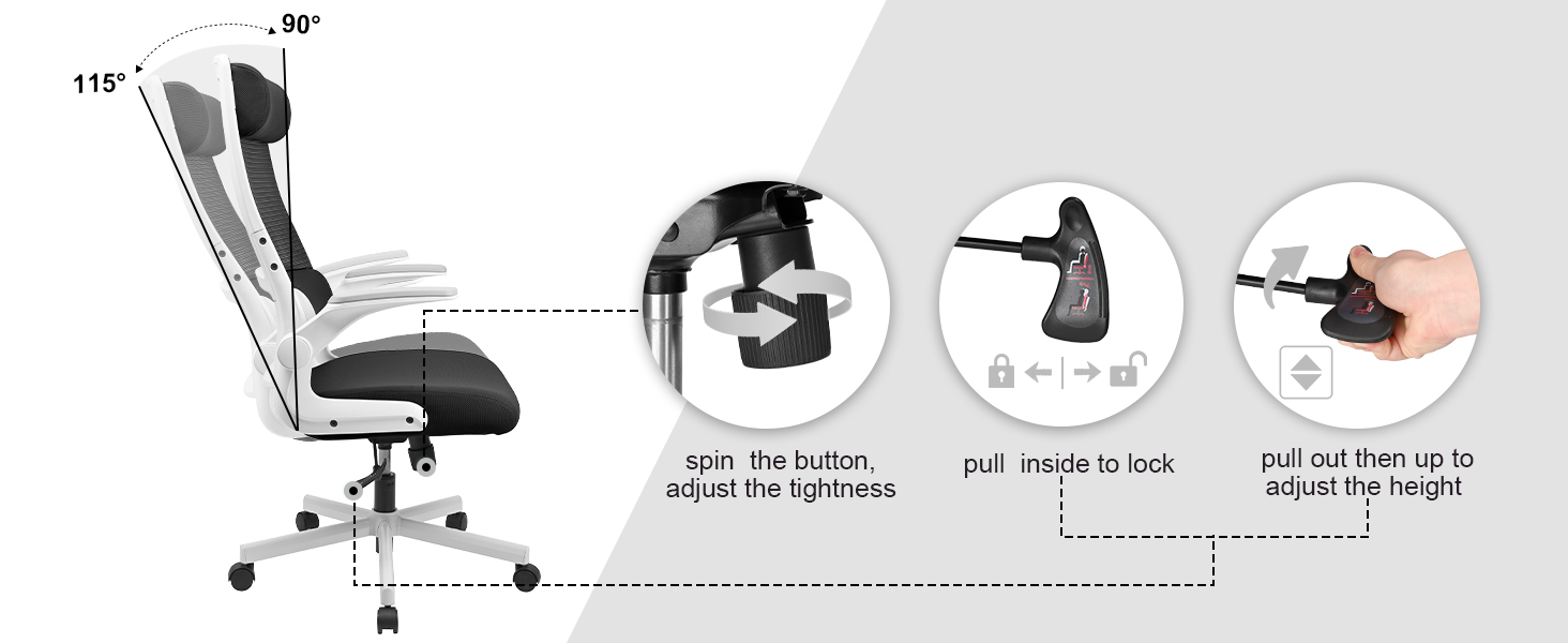 Ергономічне крісло для офісу з регульованою підголівником, крісло для робочого столу з сітки, відкидні підлокітники, широке сидіння, функція гойдання, комп'ютерне крісло EN 1335, офісне крісло 200 кг (чорно-біле)
