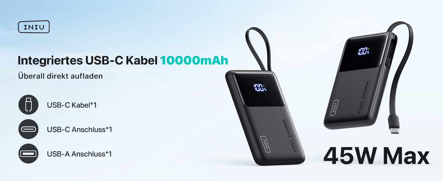 Повербанк INIU 45W 10000mAh з вбудованим кабелем USB-C, швидка зарядка для iPhone 16 17 Pro, Samsung S22, Xiaomi, iPad, чорний