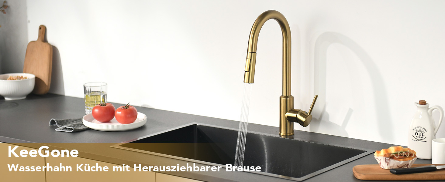 Змішувач кухонний з висувною лійкою та душовою насадкою, поворотний на 360°, 2 режими, нержавіюча сталь (золотий)