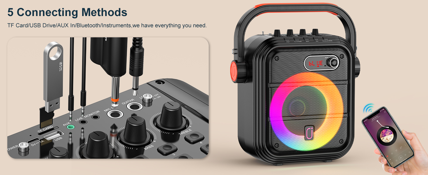 Караоке машина JYX з 2 бездротовими мікрофонами, портативна Bluetooth колонка з RGB-підсвічуванням, підтримка TF/USB, AUX, FM, запис, TWS, караоке система для вечірок, PA-система для дорослих/дітей