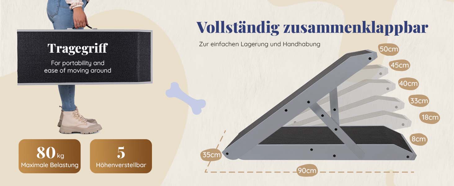 Рампа для собак Hunderampe - регульована, 18-53 см, для ліжка/софи, з берези, антиковзка, чорна/сіра