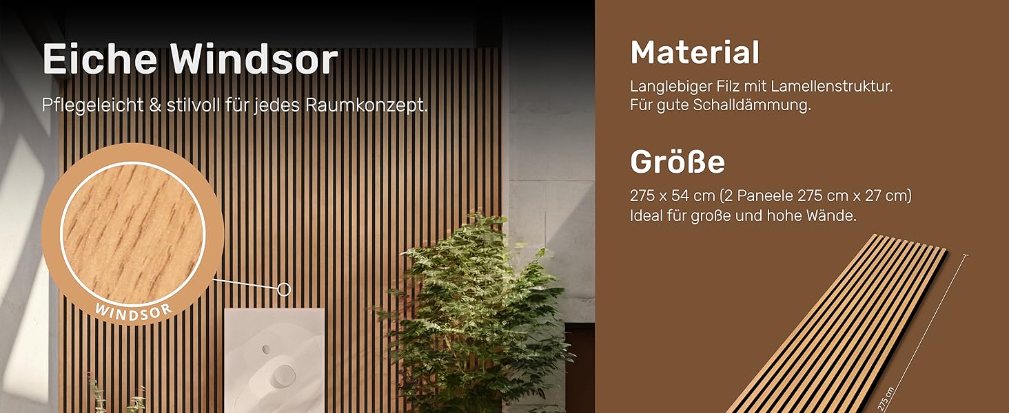 Акустичні панелі для стін на фетрі, дуб Windsor 280, 275x54 см (набір 2 шт. 275x27 см), 1.485 м²