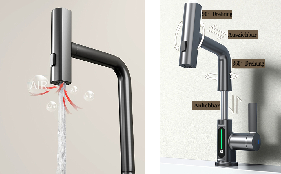 Чорний кухонний змішувач з висувною лійкою, 3 режими, LED-індикатор температури, поворотний на 360°, для високого тиску, регульована висота