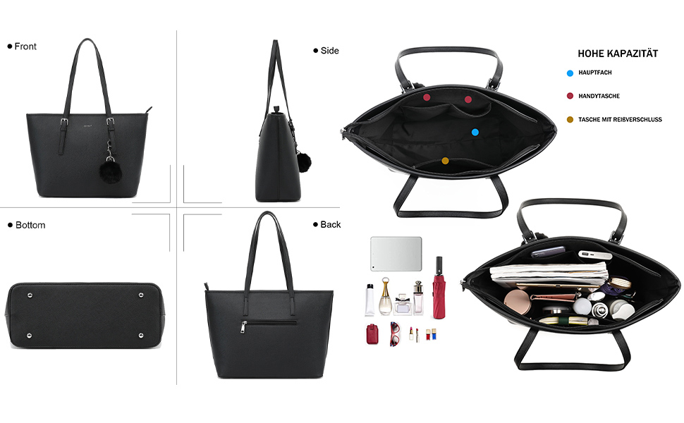 Сумка жіноча TANTOMI з гаманцем: для офісу, школи, покупок, велика, чорна, з пензликом та помпоном з штучного хутра