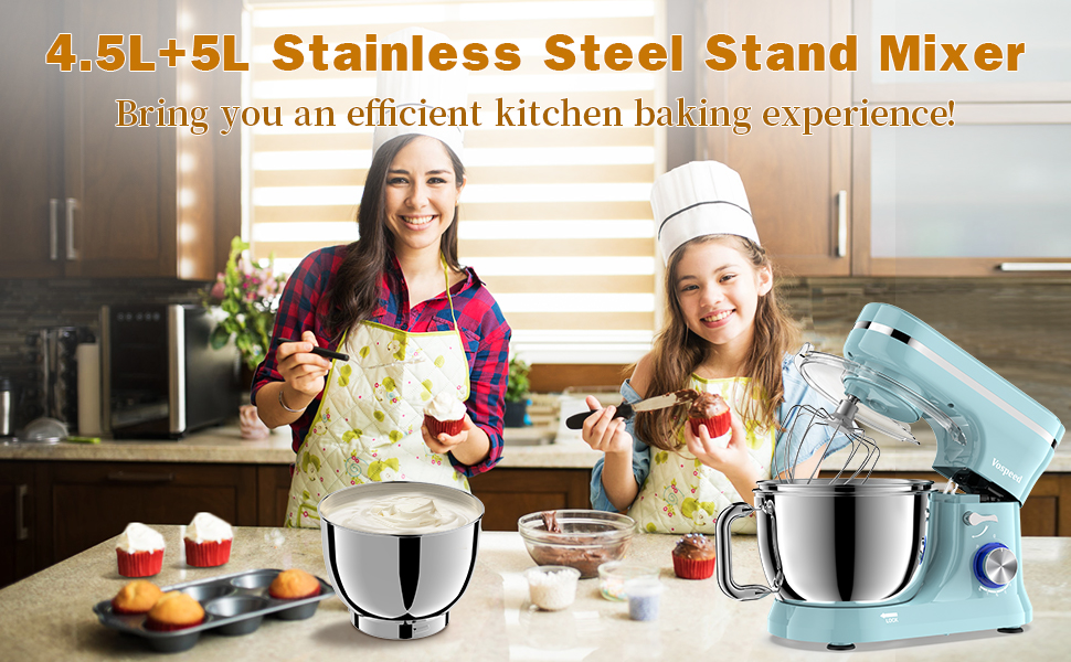 Планетарний міксер Vospeed для замісу тіста 5QT, кухонна машина з чашею з нержавіючої сталі, 8 швидкостей, набір насадок (гак, вінчик, міксер), синій