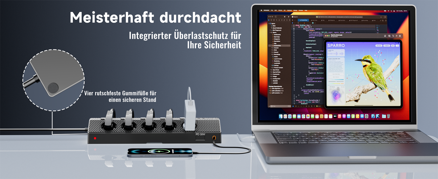 Настільний мережевий фільтр з 5 розетками та 2 USB-C (PD 30W), подовжувач з вимикачем, 4000 Вт, кабель 3м, чорний