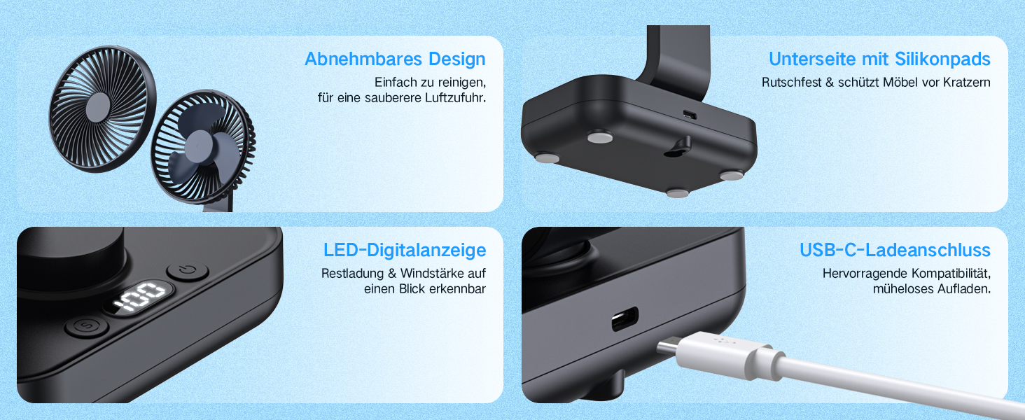 Портативний вентилятор настільний з акумулятором, тихий (30 дБ), 4 швидкості, LED дисплей, USB-C, знімний, для дому та офісу