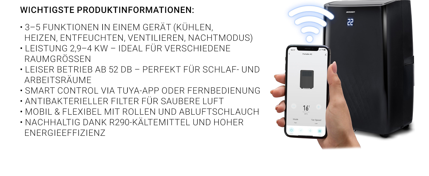 Мобільний кондиціонер Berdsen 5-в-1 10000 BTU: охолодження, осушення, вентиляція, авто- та нічний режими, керування Tuya Smart App, енергоефективний