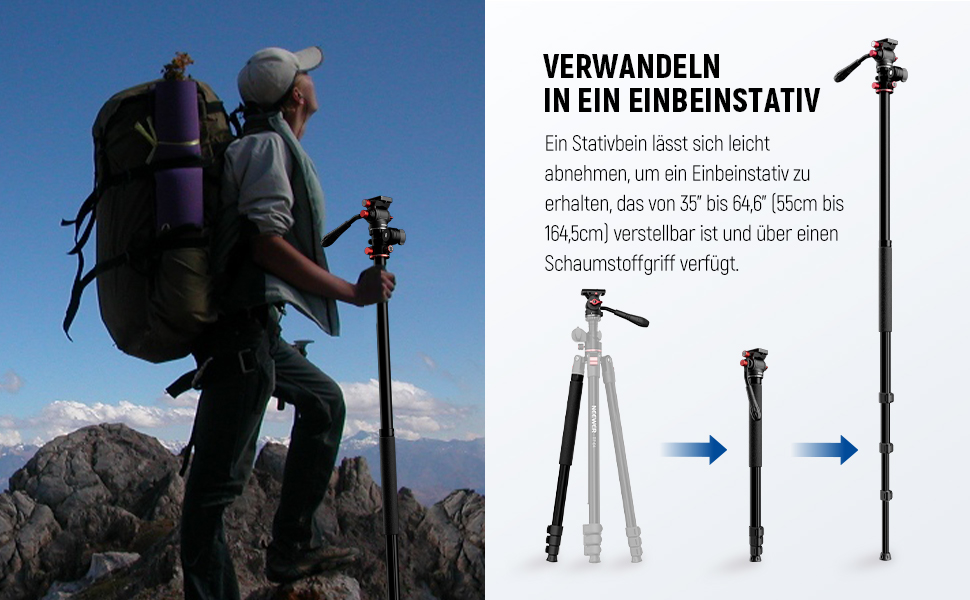 Штатив для камери NEEWER з моноподом, 72 дюйми, алюміній, міцна конструкція для DSLR, екшн-камер, відеокамер, кульковий голковий вушко 360°, платформа Arca-Swiss, максимальне навантаження 15 кг, серветка для очищення