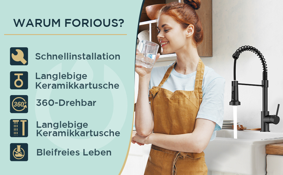 Змішувач для кухні FORIOUS висувний з душем, одноleverний, чорний мат, 360° обертання