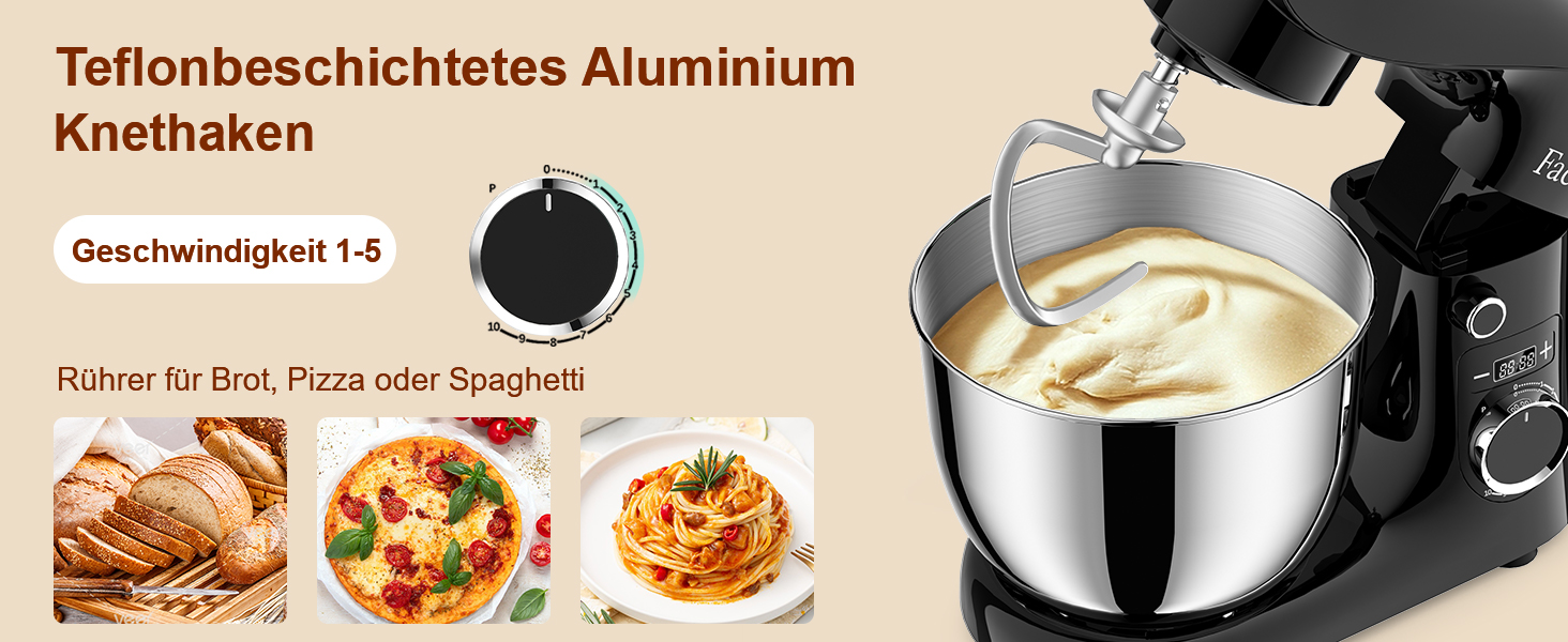 Кухонна машина-міксер Facelle 1500W з чашею 5.5л/4.5л, 10+ програм, чорний