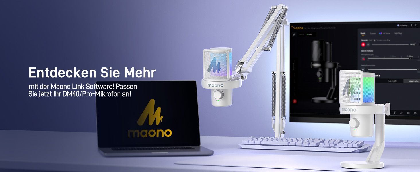 MAONO DM40 Бездротовий мікрофон для ПК з RGB підсвічуванням та ШІ-зміною голосу, 3-рівнева шумозаглушення, для геймінгу, подкастингу та стрімінгу
