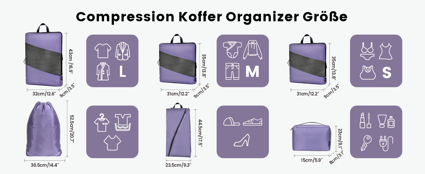 Органайзери для валізи компресійні, набір 6 шт. (Ельфенбайн, фіолетові) - Куби для пакування, компресійні пакети для подорожей