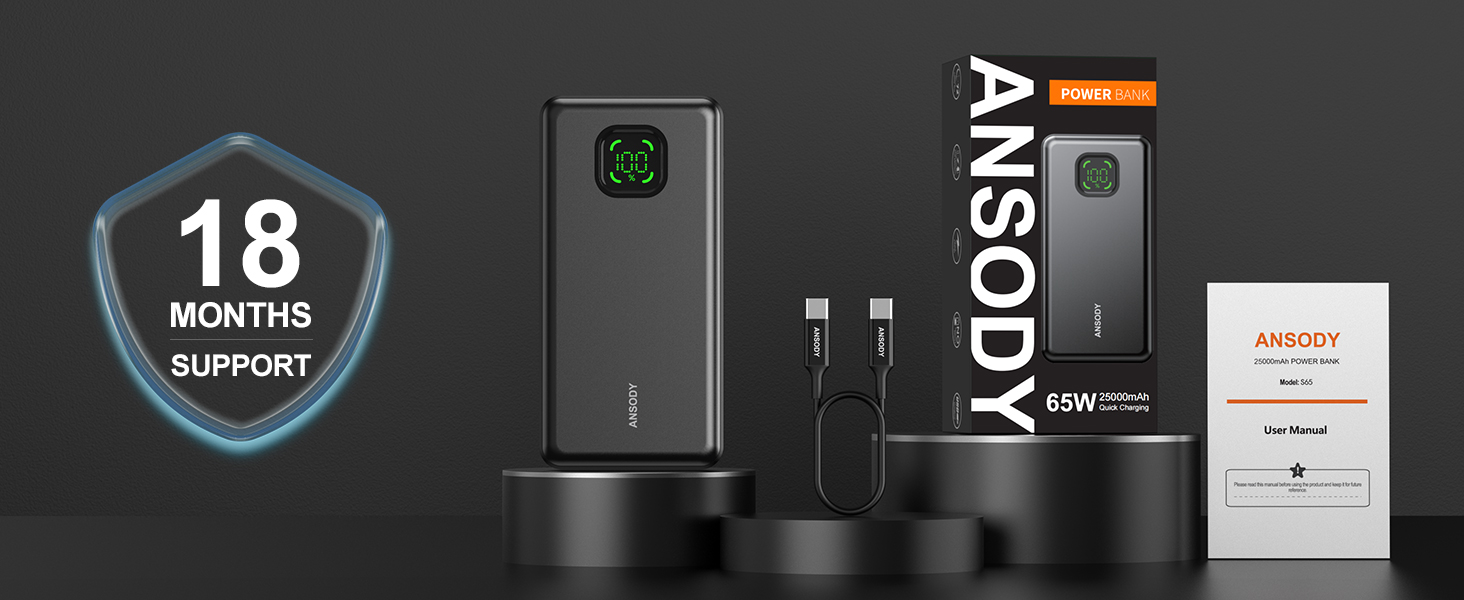 Power Bank 65W 25000mAh Klein Aber Stark для ноутбука та iPhone/iPad: портативний акумулятор з LED дисплеєм, USB-C, сірий